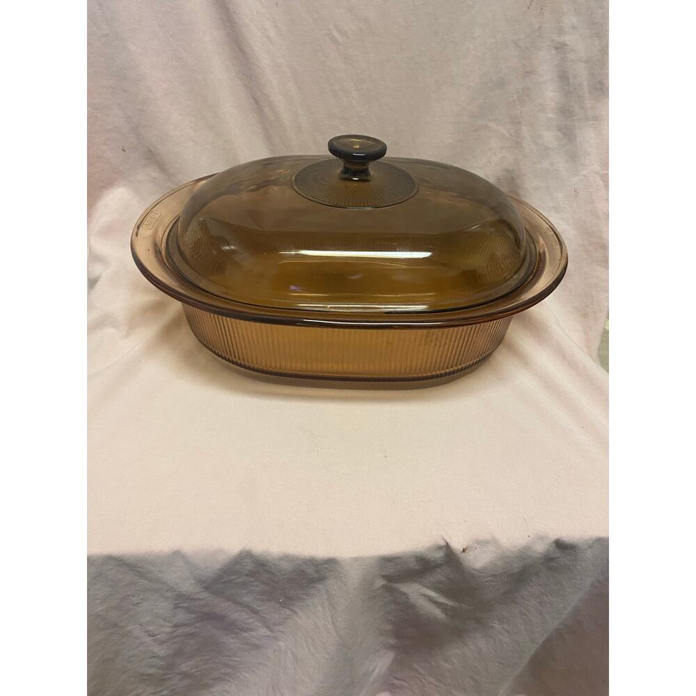 Vintage Corning Vision Amber V-34-B, 4 Quart Ribbed Roaster With Lid